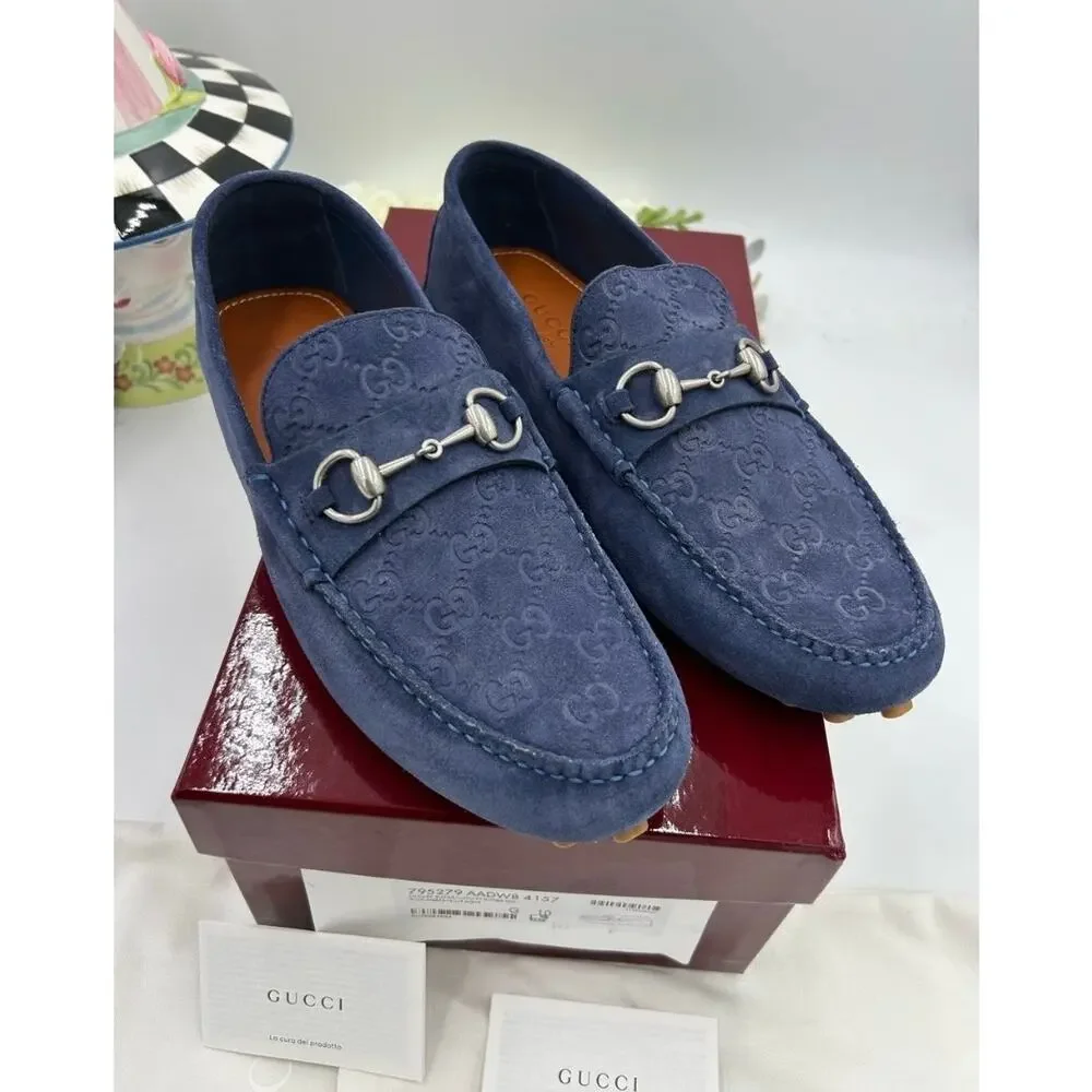 Men's Gucci GG embossed suede driver loafers size 10 fits 10.5 US made in Italy